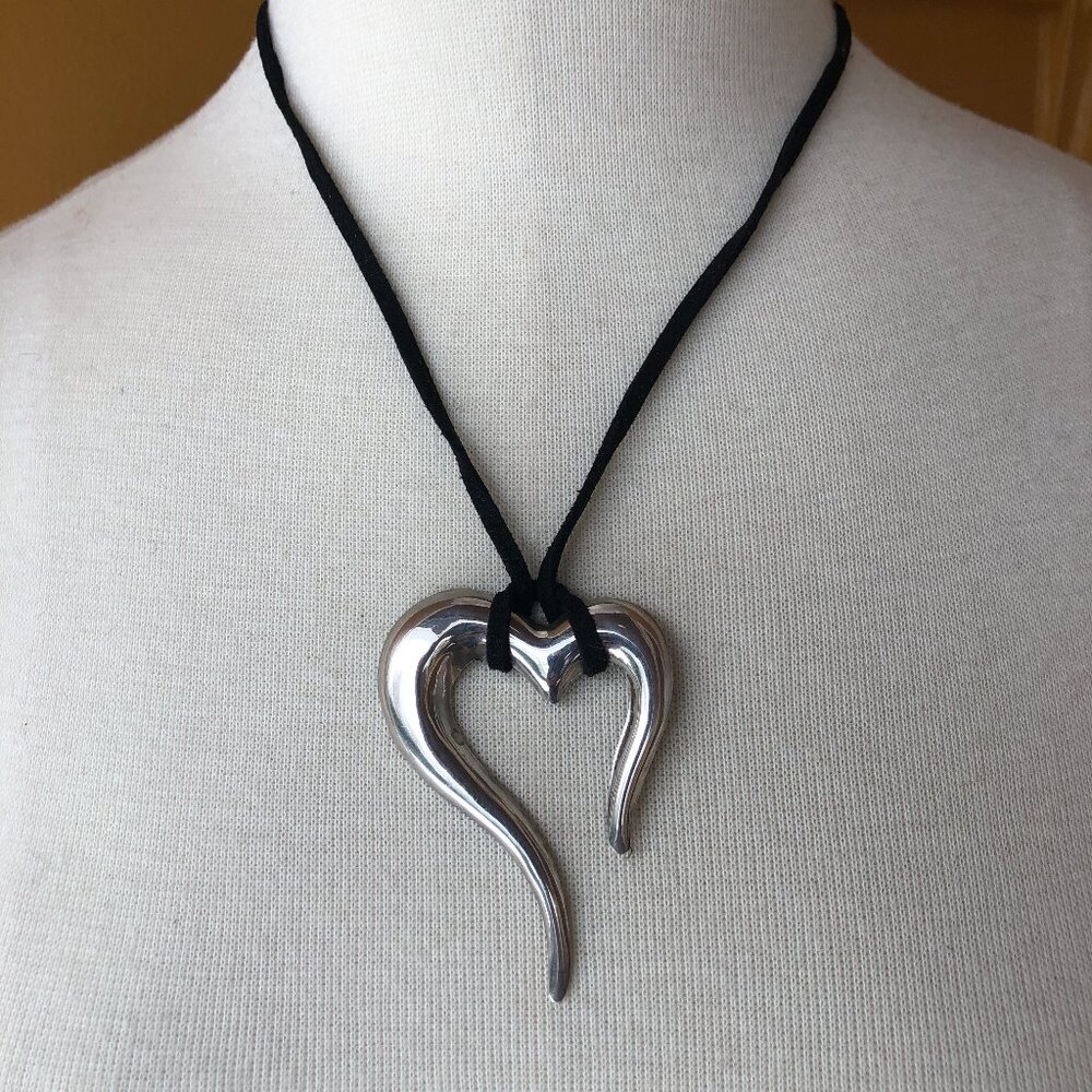 Sterling Open Free Form Asymmetric Heart Pendant on Black Suede Cord Necklace